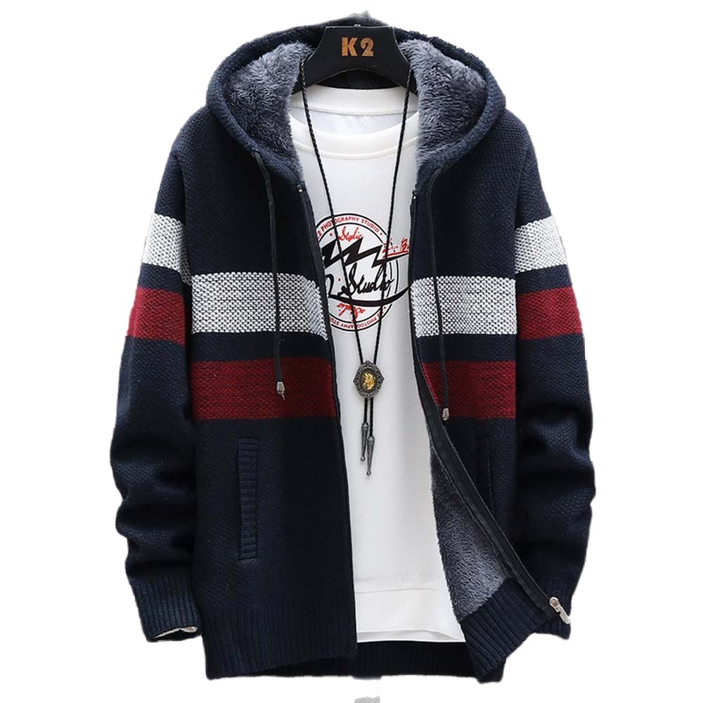 Fleece Hoodie Lined - Men's Striped Sweater Coat Thick Fleece