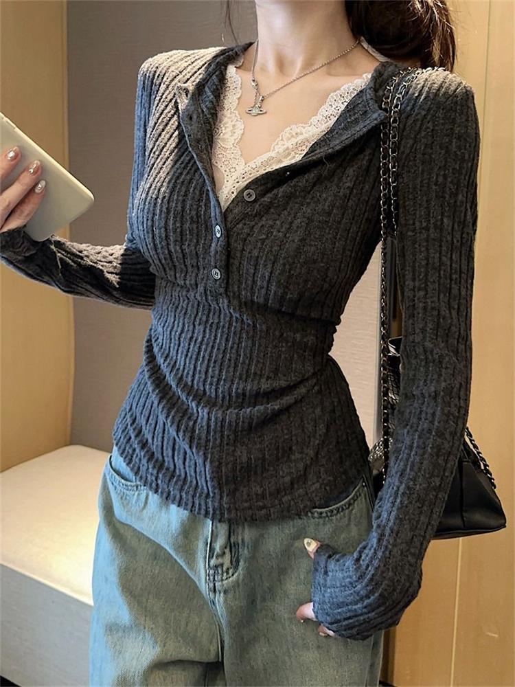 Winter Clothing Aesthetic - Women's Top Lace Patchwork Long Sleeve
