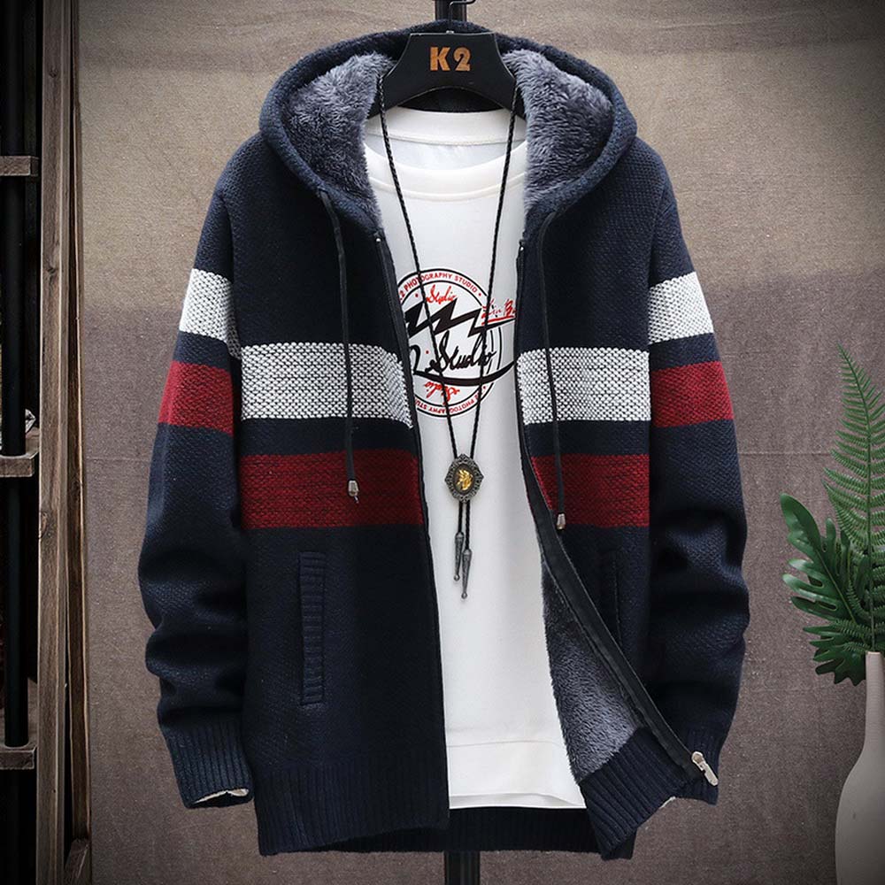 Men's Striped Sweater Coat Thi - Fleece Hoodie Lined recension och pris